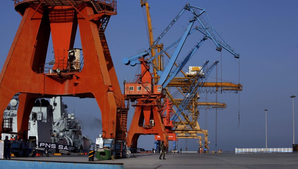 Pakistani servicemen patrol Gwadar port on April 11, 2016.