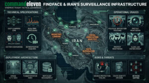 Infographic of FindFace Iran surveillance architecture showing technical specs and map