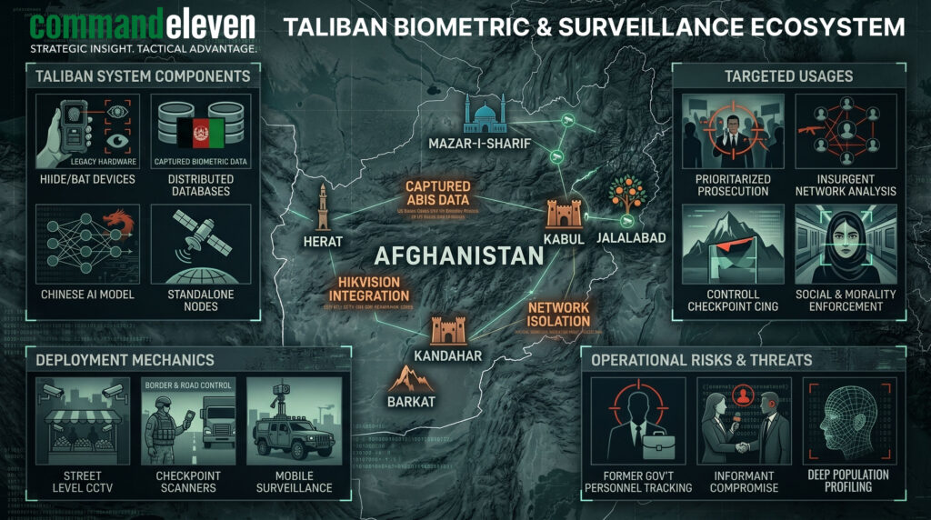 Infographic of Taliban's Afghanistan surveillance architecture showing technical specs and map
