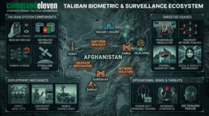 Infographic of Taliban's Afghanistan surveillance architecture showing technical specs and map