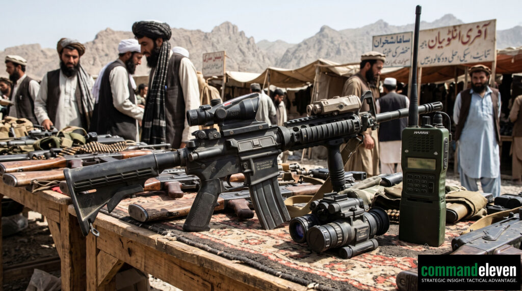 Close-up photograph of a detailed M4 Carbine with a Trijicon ACOG optic and AN/PVS-14 night-vision device in a rugged arms bazaar along the Pakistan-Afghanistan border, used as intelligence for a report on TTP/BLA weapons proliferation.