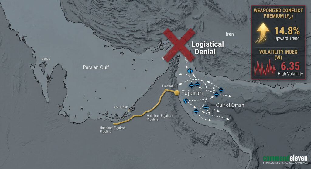 GIS map of the Persian Gulf showing the Fujairah pipeline bypass, active IRGC-N interdiction swarms, and the weaponized Conflict Premium data column.