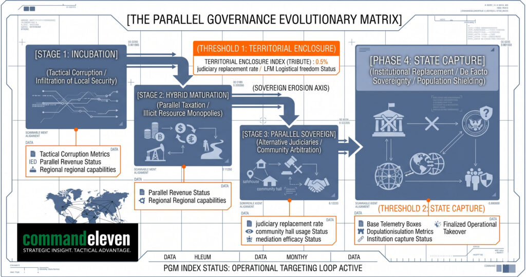 Technical schematic outlining the three stages of non-state armed actor evolution from incubation to parallel sovereign administration.