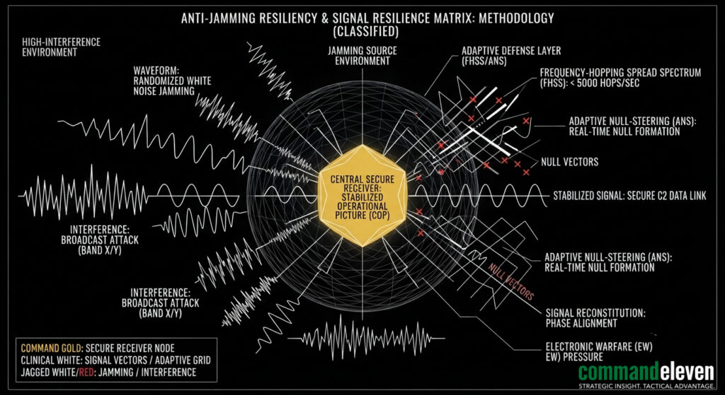 Institutional visualization detailing anti-jamming techniques and signal resilience in PGM systems for CommandEleven.