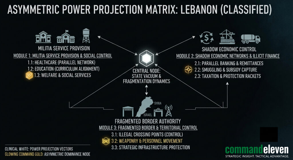 Institutional visualization detailing the transition to asymmetric dominance and shadow governance in post-conflict Lebanon for CommandEleven.
