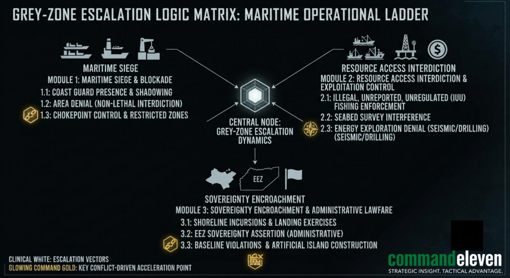 Institutional visualization detailing the grey-zone escalation ladder and maritime siege methodology for CommandEleven.