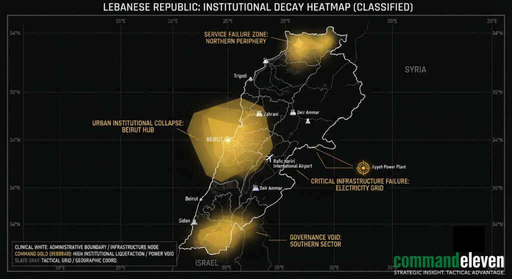 Tactical intelligence map detailing institutional decay and power voids in Lebanon for CommandEleven Strategic Assessment 2026.