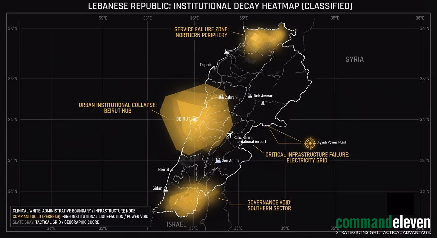 Tactical intelligence map detailing institutional decay and power voids in Lebanon for CommandEleven Strategic Assessment 2026.