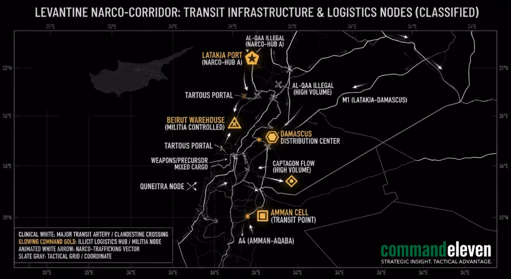 Tactical intelligence map detailing the Levantine narco-corridor transit arteries and militia-controlled hubs for CommandEleven.