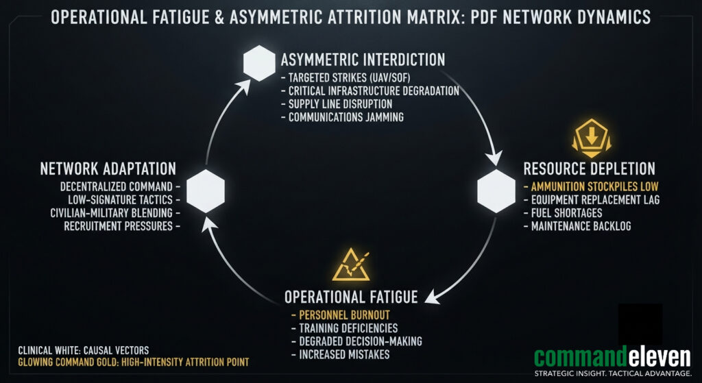 Institutional visualization detailing the operational fatigue and asymmetric attrition cycle within Myanmar’s PDF networks for CommandEleven.