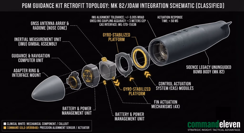 Technical schematic detailing the mechanical retrofit process of guidance kits onto legacy munitions for CommandEleven.