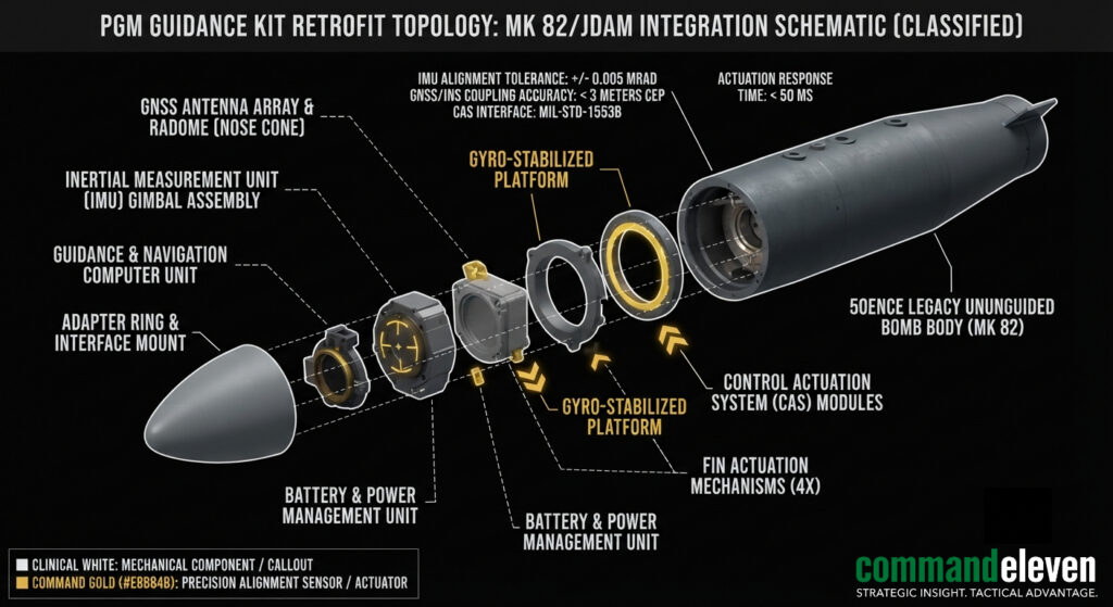 Technical schematic detailing the mechanical retrofit process of guidance kits onto legacy munitions for CommandEleven.
