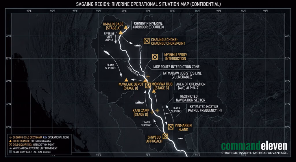 Tactical intelligence map detailing the Chindwin riverine offensive nodes and PDF interdiction points in Sagaing for CommandEleven.