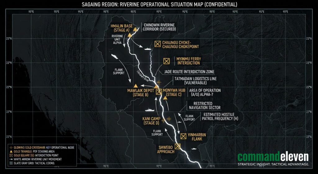 Tactical intelligence map detailing the Chindwin riverine offensive nodes and PDF interdiction points in Sagaing for CommandEleven.