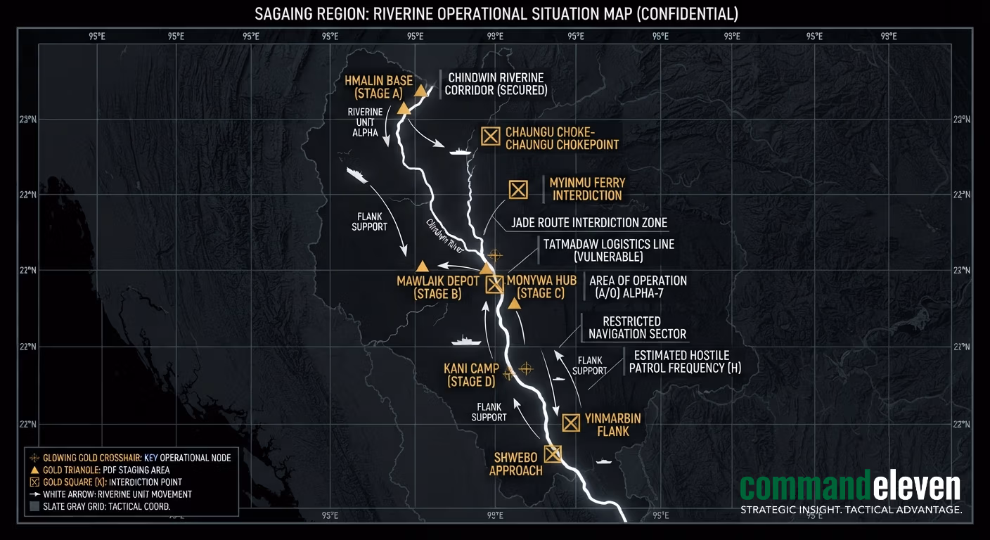 Tactical intelligence map detailing the Chindwin riverine offensive nodes and PDF interdiction points in Sagaing for CommandEleven.