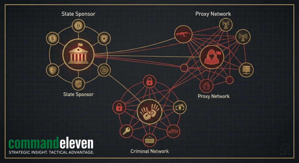 Diagram of IRGC, proxy, and cartel network integration