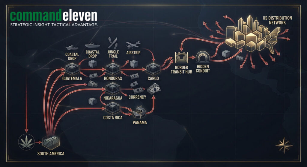Illustration of narcotics and revenue flow from South America to the US border