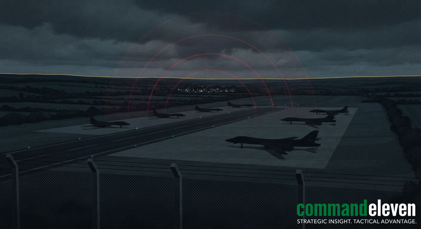 RAF Fairford Terror Plot - illustrated nigh view of a rural bomber airfield
